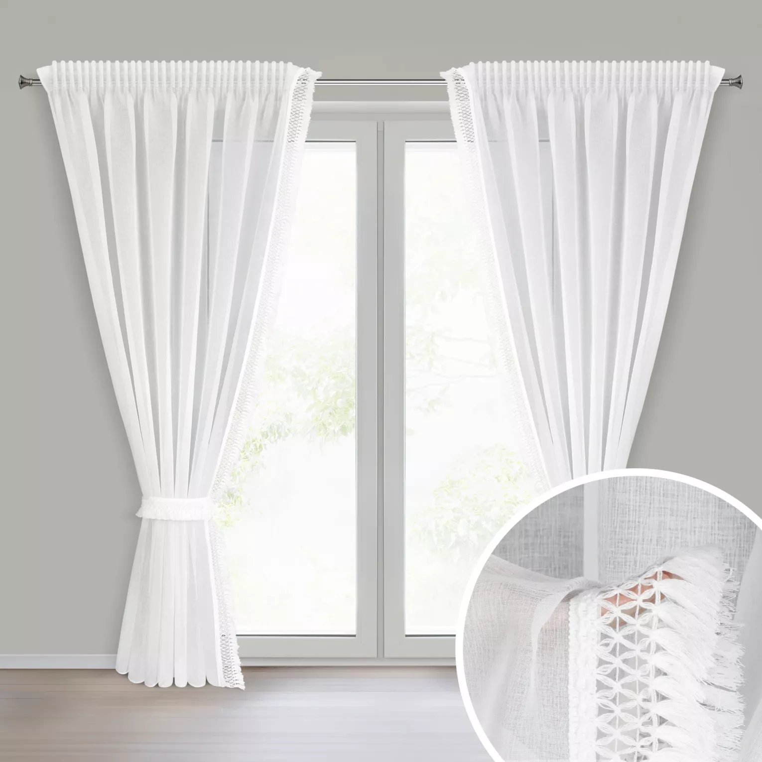 Komplet firan białych 2 szt z etaminy zdobionych subtelnymi frędzlami w zestawie troczki 140x270 cm taśma KIRA 3
