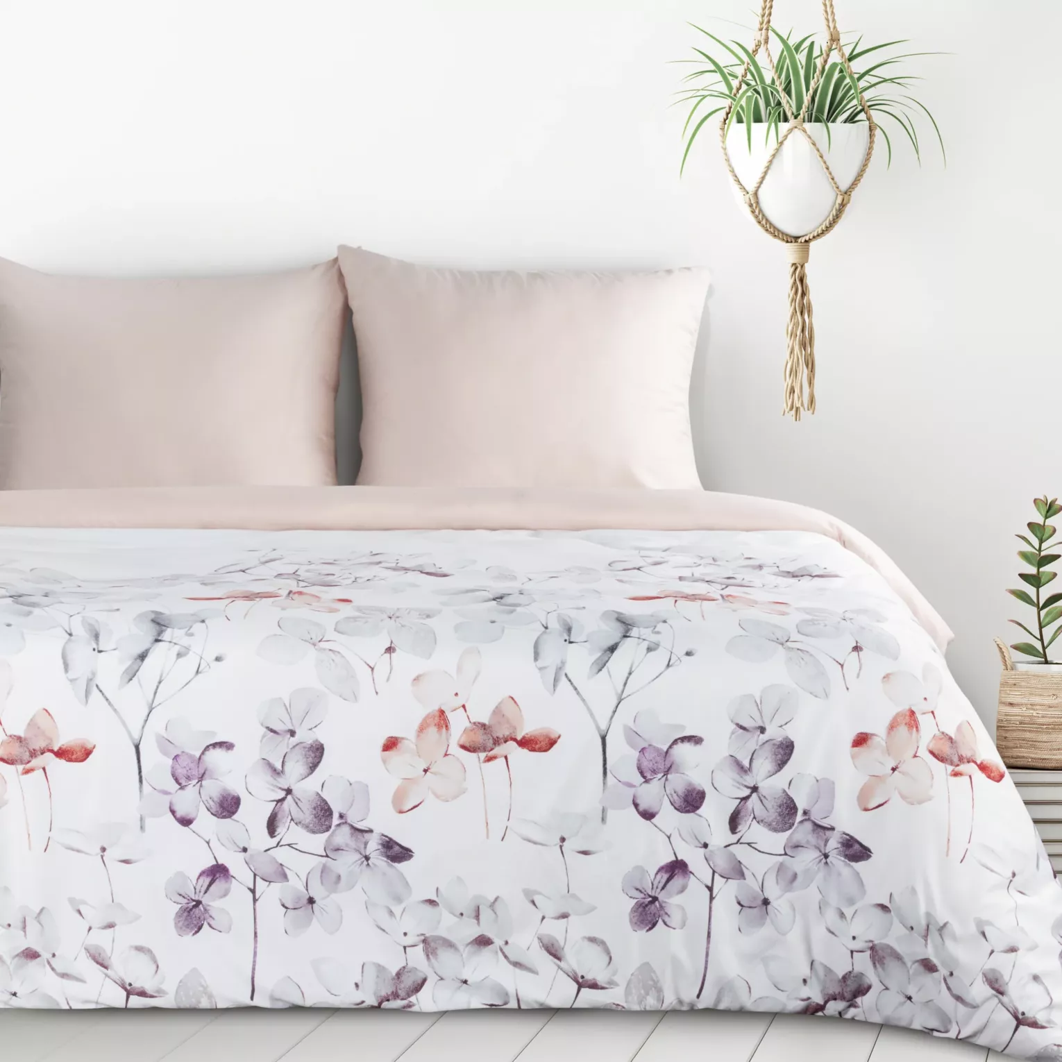 Pościel 140x200 cm komplet 2 częściowy kolor biało, pudrowy z motywem kwiatów VERONO7 Design 91
