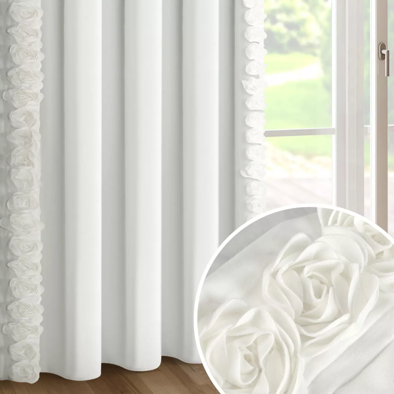 Zasłona kremowa z welwetu zdobiona aplikacją 3D róż 140x270 cm taśma - ROSES Eva Minge
