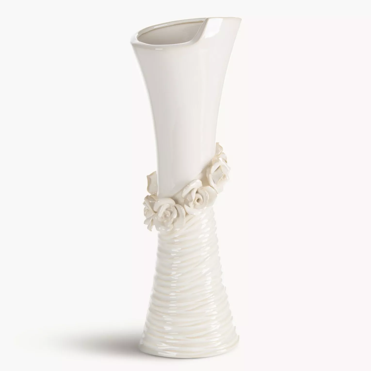 Wazon dekoracyjny kremowy zdobiony kwiatami 3D 14x10x38 cm ELIANA