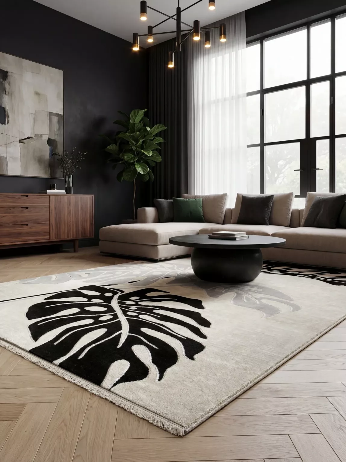Dywan 200x290 cm kremowo, czarny zdobiony motywem liści monstery AURA 1