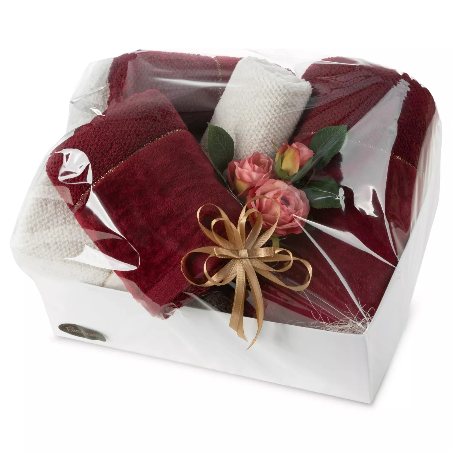 Zestaw ręczników bawełnianych na prezent 2 szt 30x50 cm, 2 szt 50x90 cm, 2 szt 70x140 cm kolor kremowo, bordowy z ozdobną welwetowa bordiurą