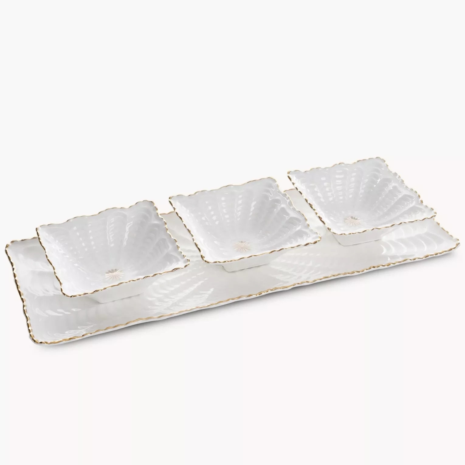Patera ceramiczna dekoracyjna kremowo-złota z trzema miseczkami zdobiona wypukłym wzorem 42x16x2 cm GAIA