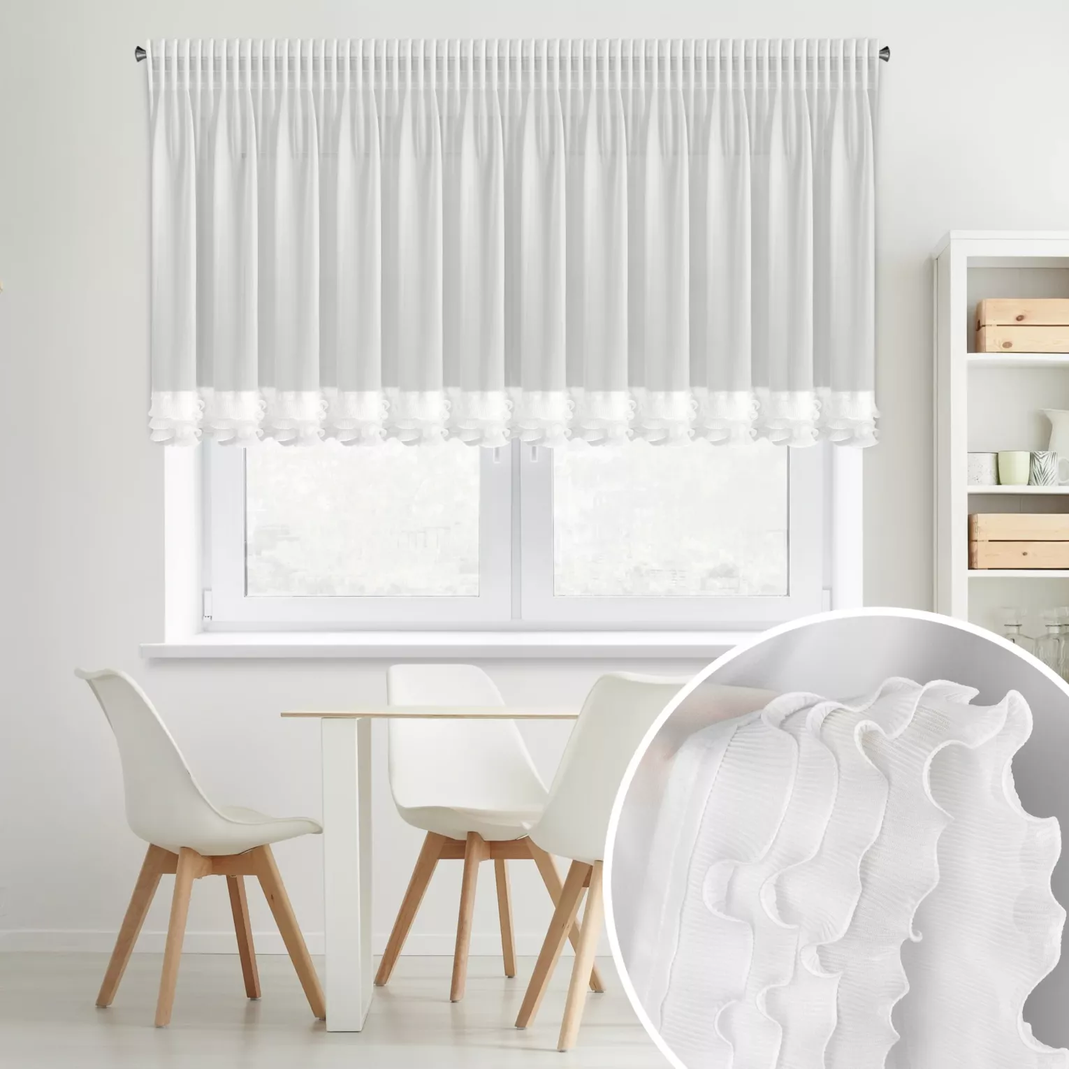 Firana biała z szyfonu zdobiona falbanką  400x80 cm taśma - LUISA