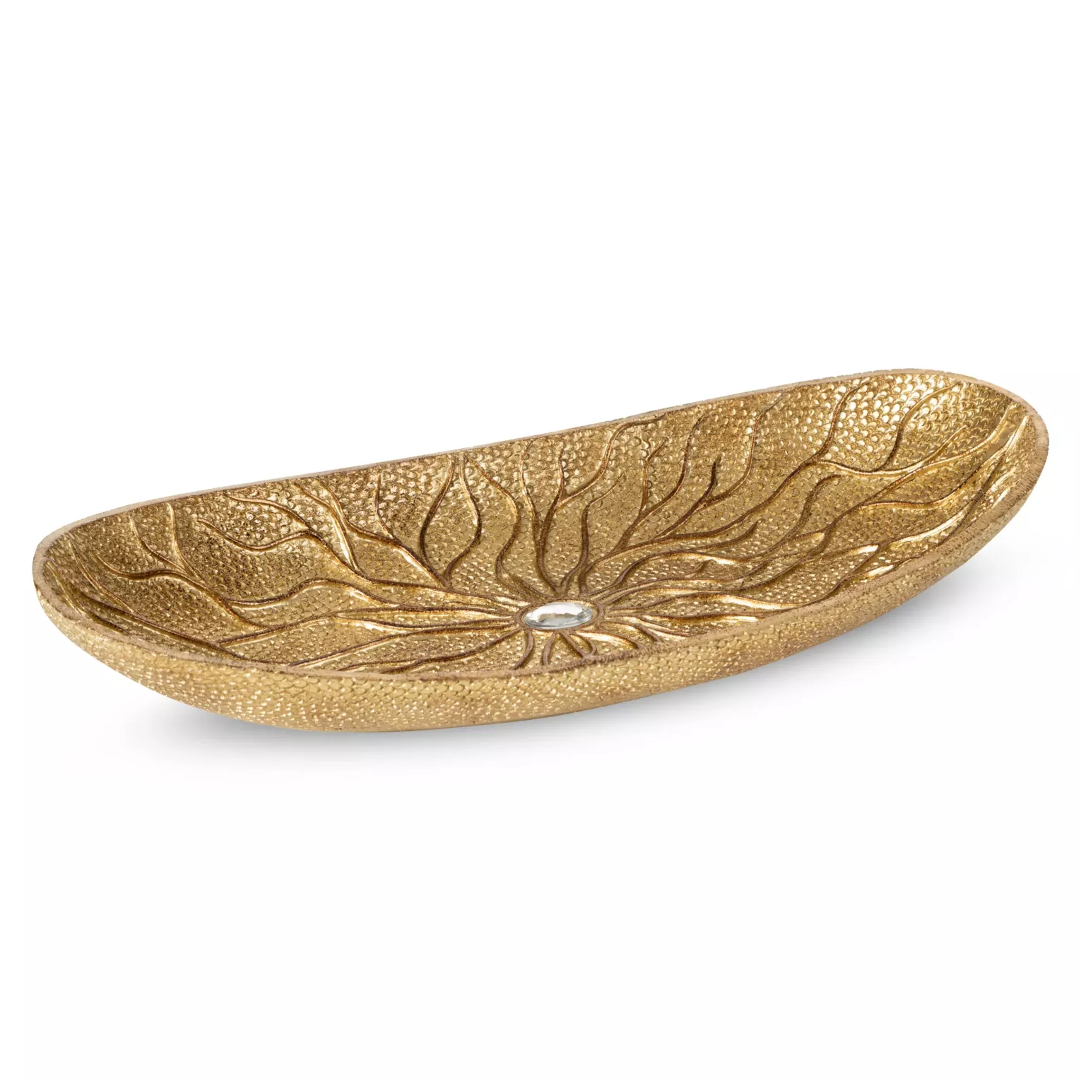 Patera dekoracyjna złota z delikatnym wzorem i kryształem 38x18x6 cm KIARA
