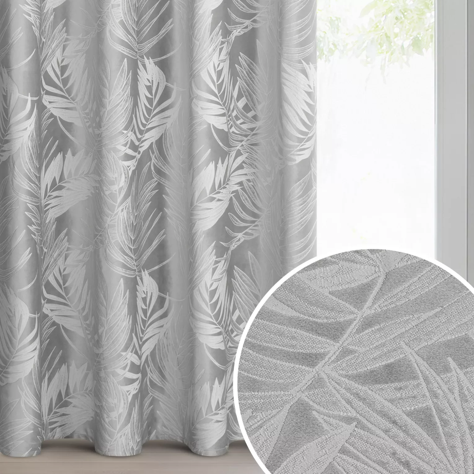Zasłona srebrna welwetowa zdobiona motywem palmowych liści 140x250 cm przelotka - VERA