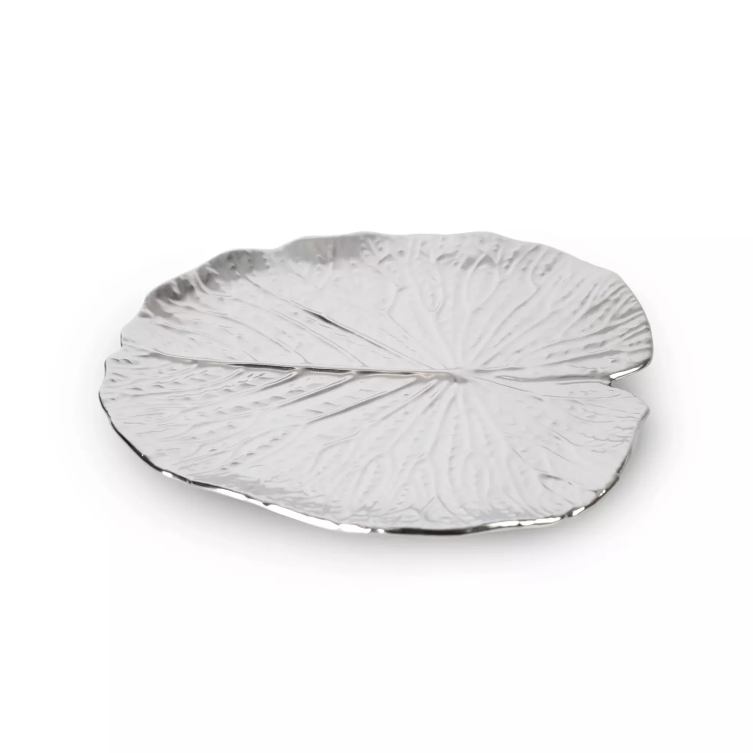 Patera ceramiczna dekoracyjna srebrna  w formie liścia z wytłoczeniami 27x27x2 cm KALINA