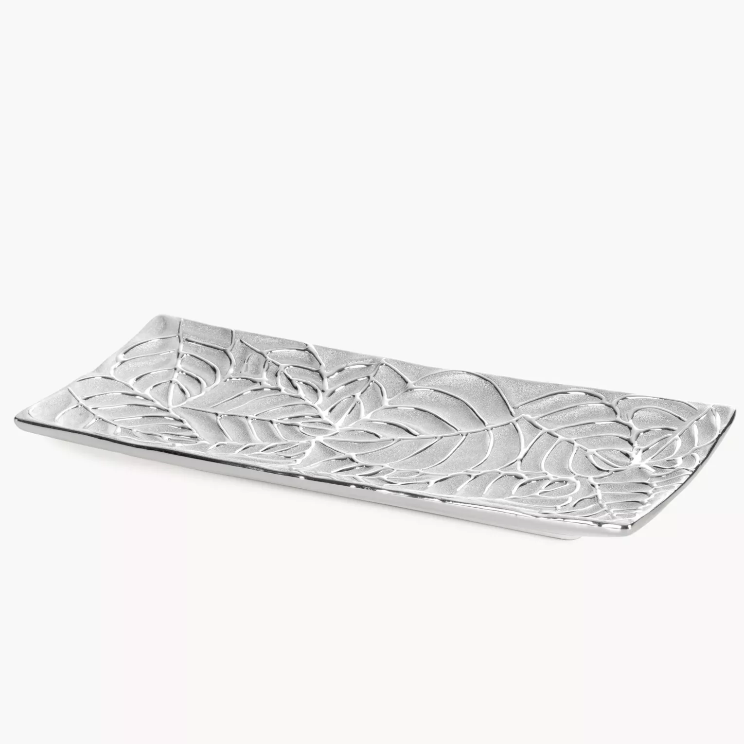 Patera ceramiczna dekoracyjna srebrna  z tłoczonym wzorem liści 31x13x 3 cm MIRIAM