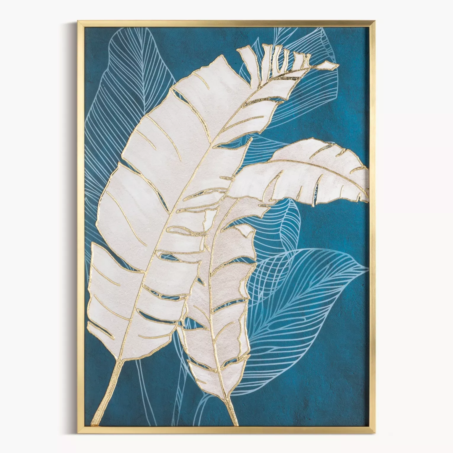 Obraz roślinny turkusowo, złoty nadruk na płótnie z liśćmi bananowca 50x70 cm