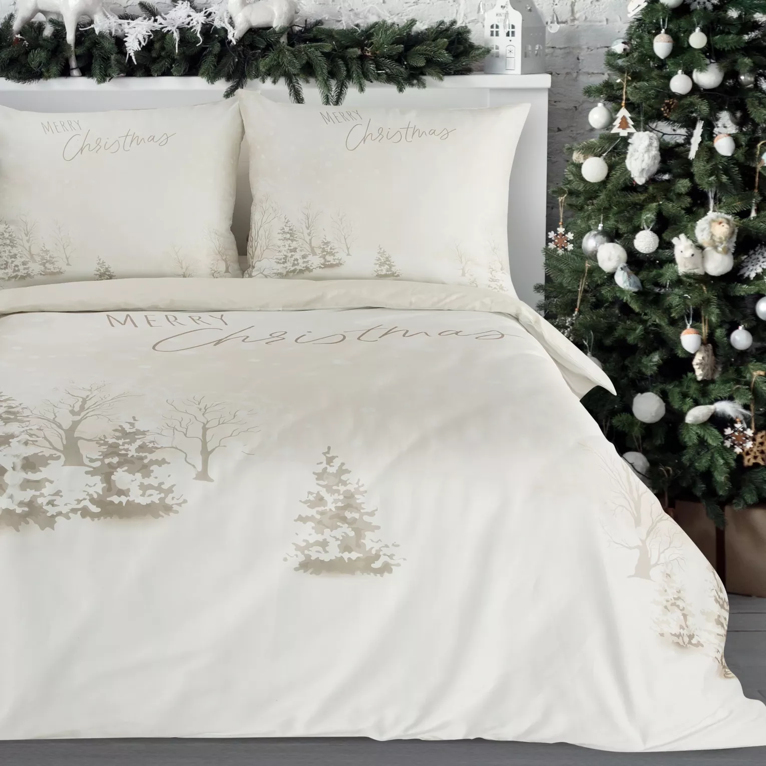 Pościel świąteczna 160x200 cm komplet 3 częściowy kolor beżowy, biały z subtelnym nadrukiem  SNOWFLAKE