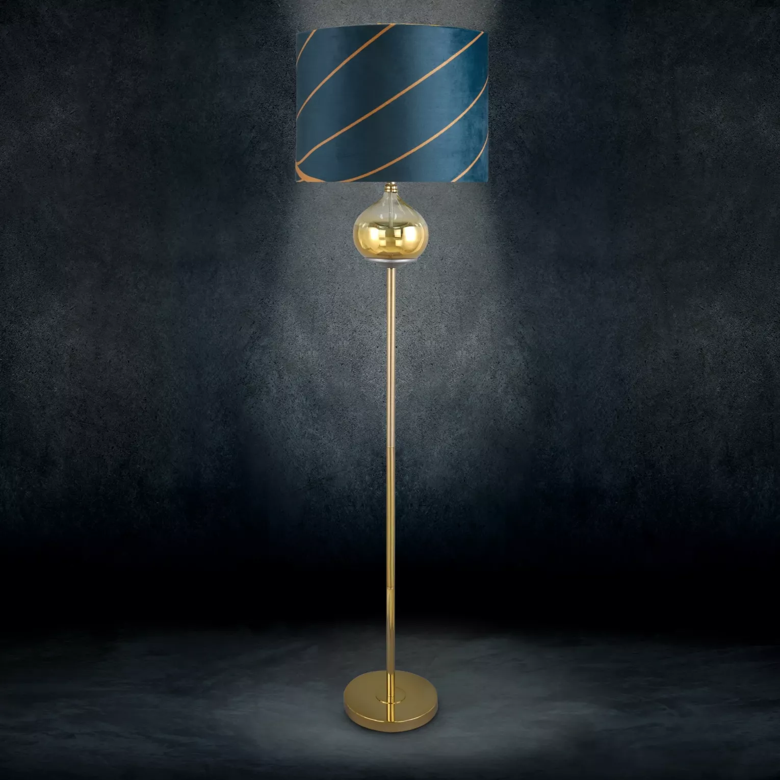 LIMITED COLLECTION Lampa stojąca LOTOS 2 ze szklaną ozdobą z efektem ombre i welwetowym abażurem HARMONIA TURKUSU