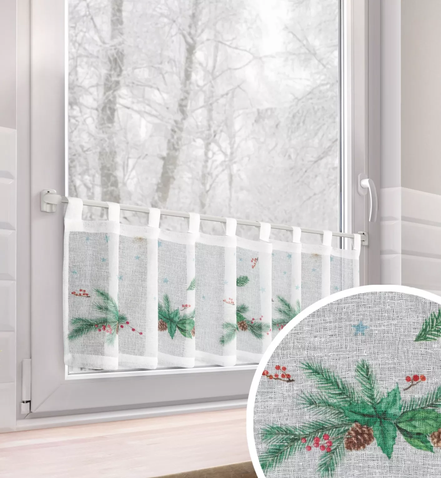 Zazdrostka biało, zielona z etaminy zdobiona świątecznym nadrukiem 150x30 cm szelki - XMAS 4