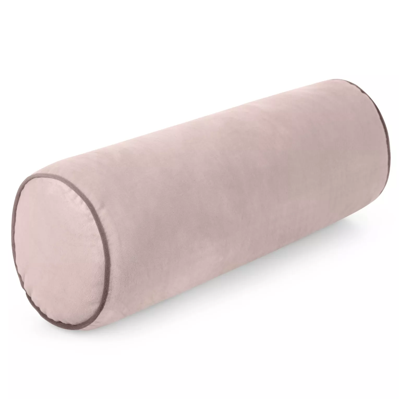 Poduszka dekoracyjna wałek 15 x 45 cm welwetowa pudrowa zdobiony kontrastującą lamówką GAJA