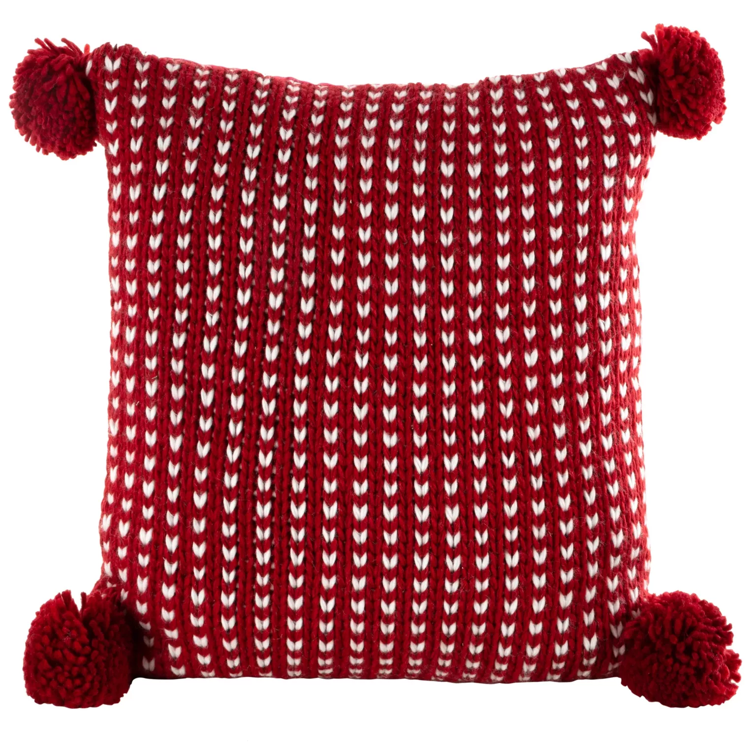 Poszewka na poduszkę 45x45 cm o plecionej strukturze czerwono biała z pomponami