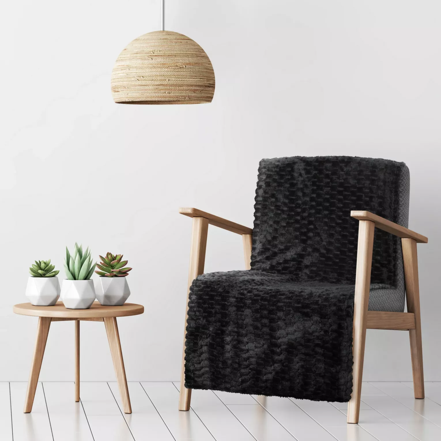 Narzuta na fotel-koc 70x160 cm czarna miękka w dotyku z wytłaczanym wzorem jodełki CINDY 5 Design 91