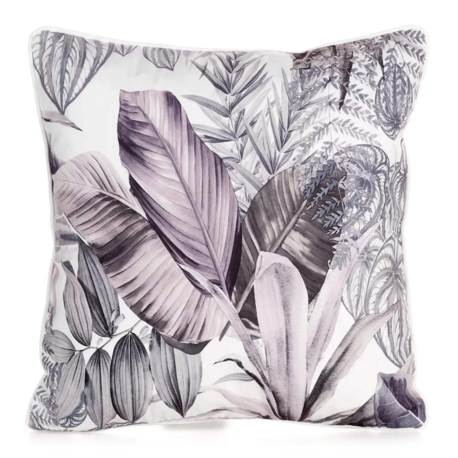 Poszewka na poduszkę 45x45 cm welwetowa, biało fioletowa zdobiona nadrukiem egzotycznych liści DAVOS DESIGN 91
