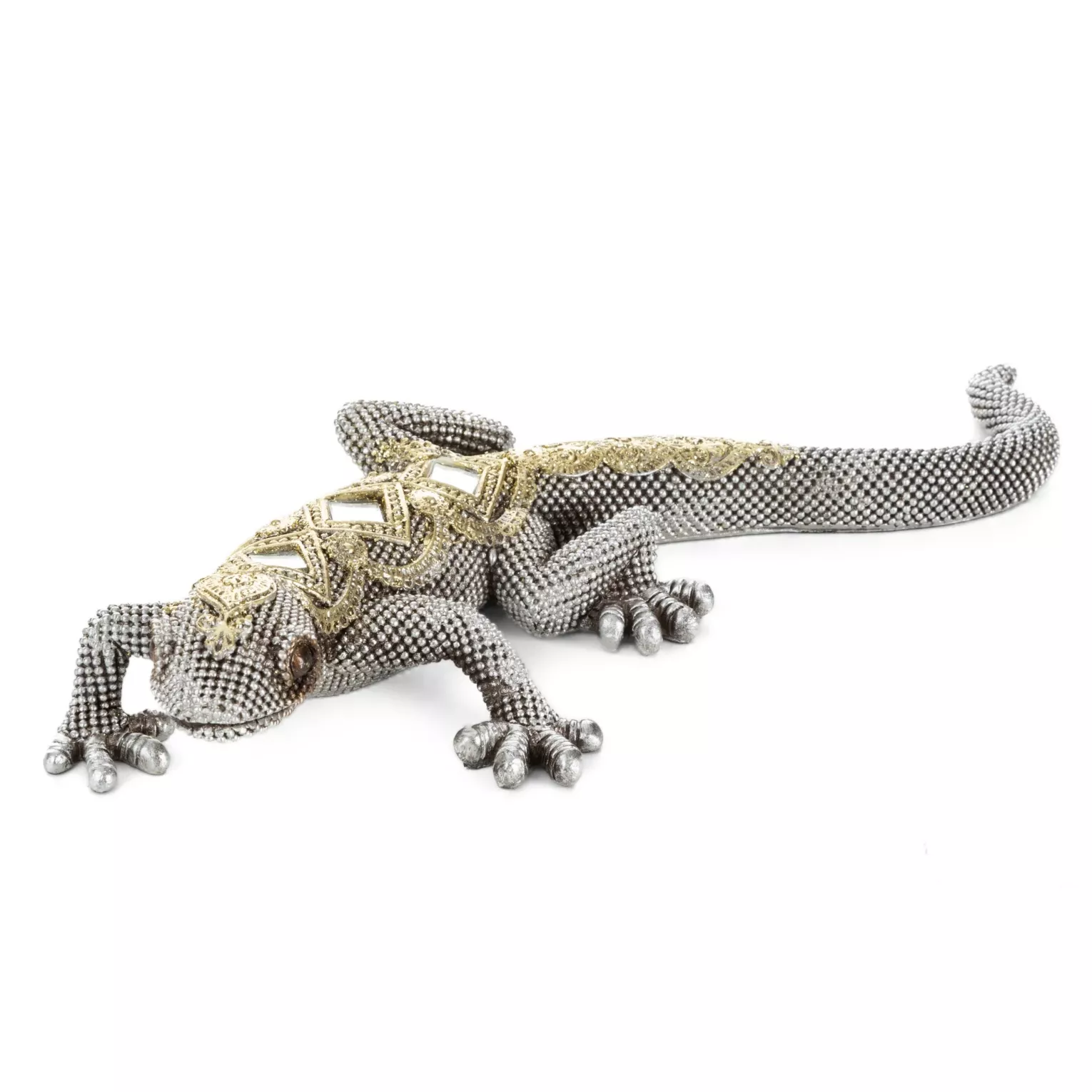 Figurka srebrno-złota jaszczurka o drobnym strukturalnym wzorze 25x11x5 cm GATOS