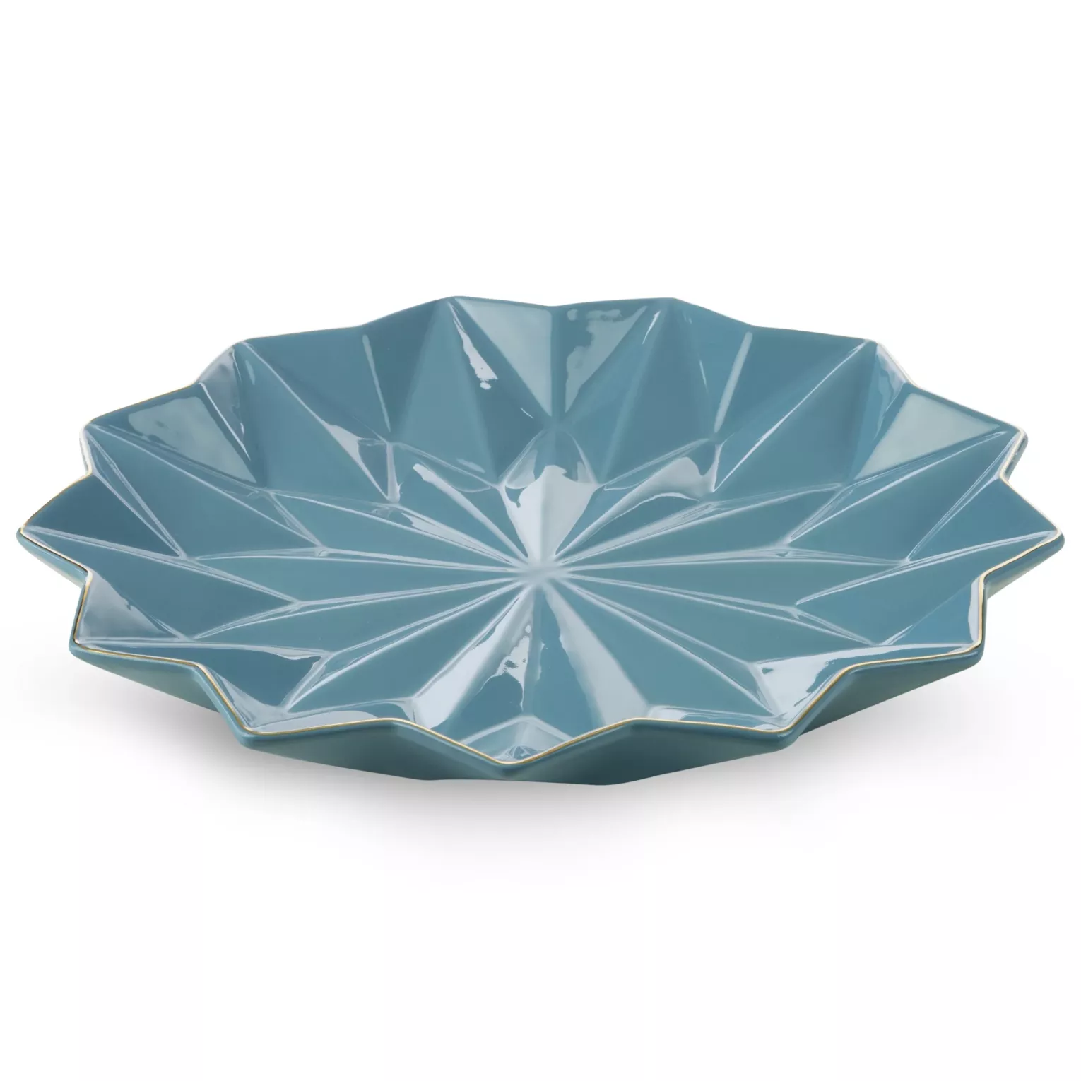 Patera ceramiczna niebiesko-złota z geometrycznymi wytłoczeniami 33x33x4 cm ALANI