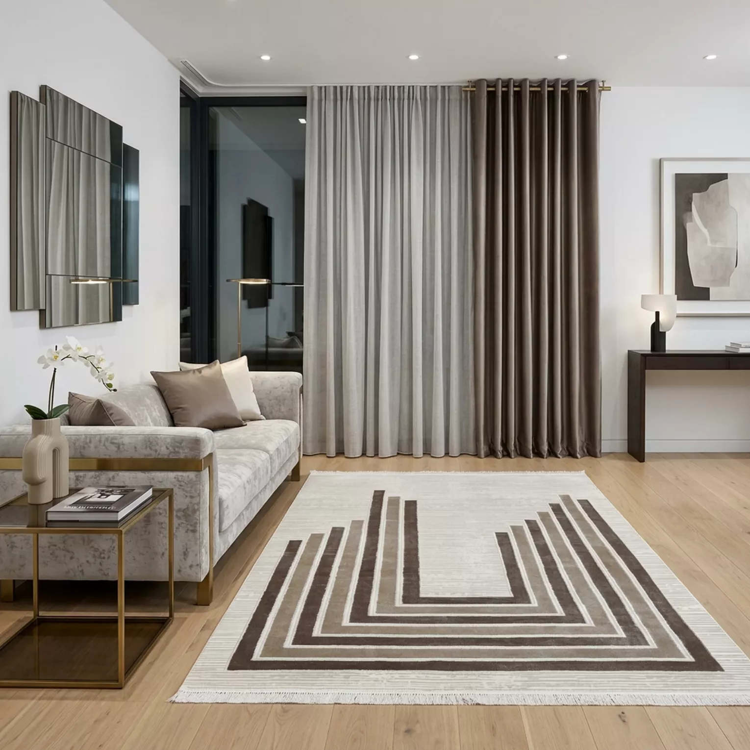 Dywan 140x190 cm biało, brązowy zdobiony geometrycznym wzorem AURA 6