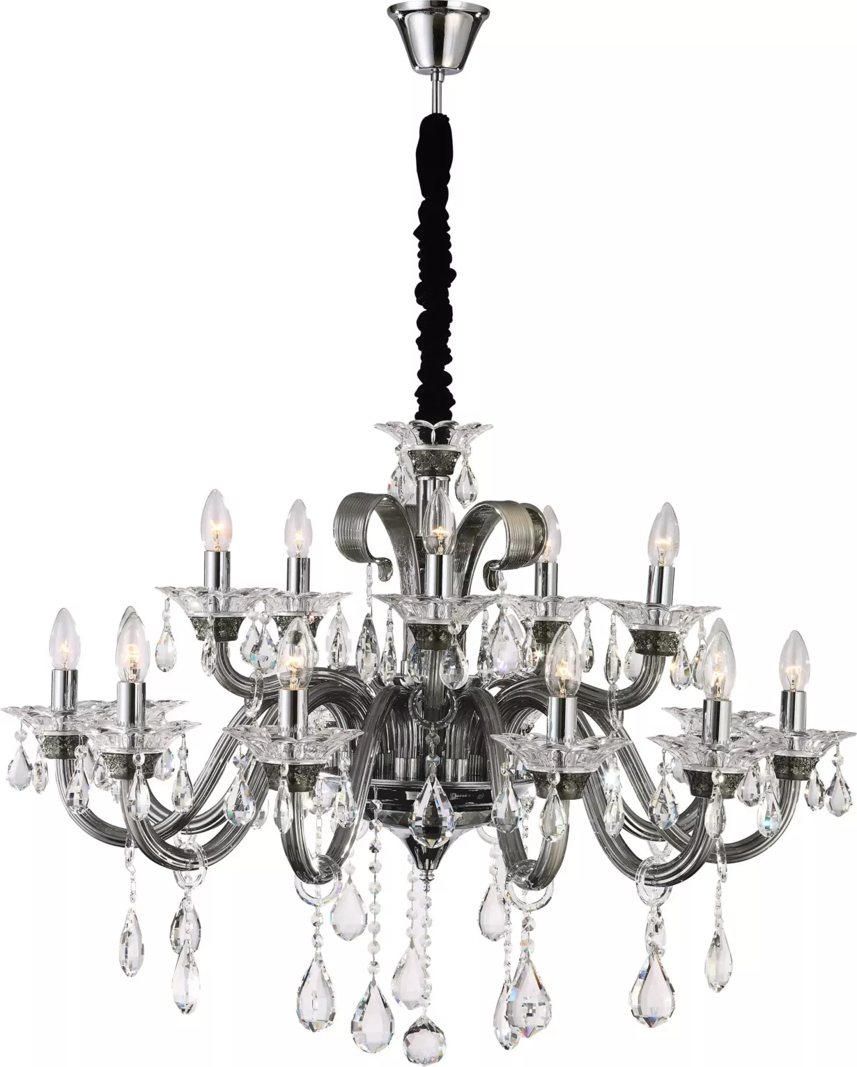 Lampa wisząca do salonu srebrno, transparentna  piętnastoramienny żyrandol z kryształami 95 x 70 cm GLITTER