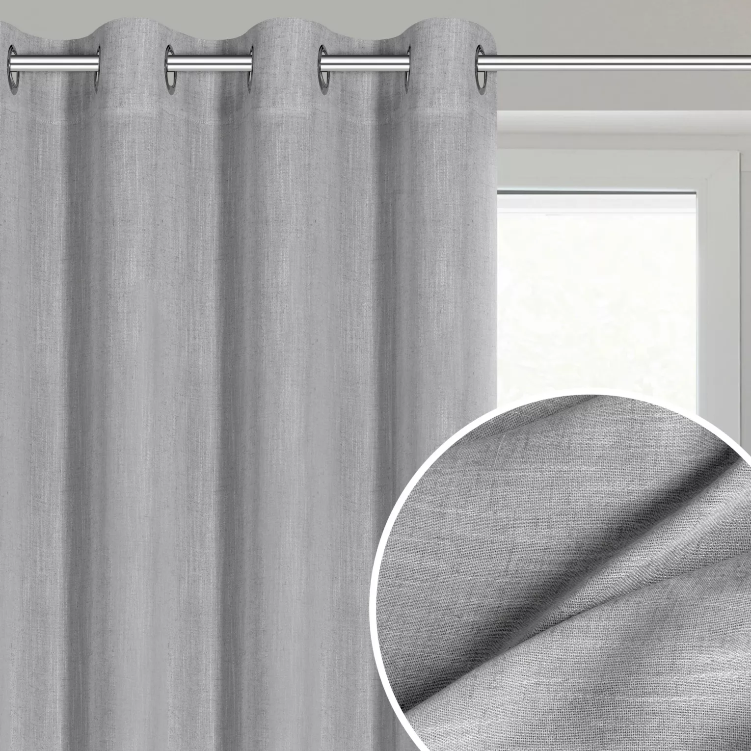 Zasłona srebrna z dodatkiem lnu w stylu eko 140x250 cm przelotka - LATIKA