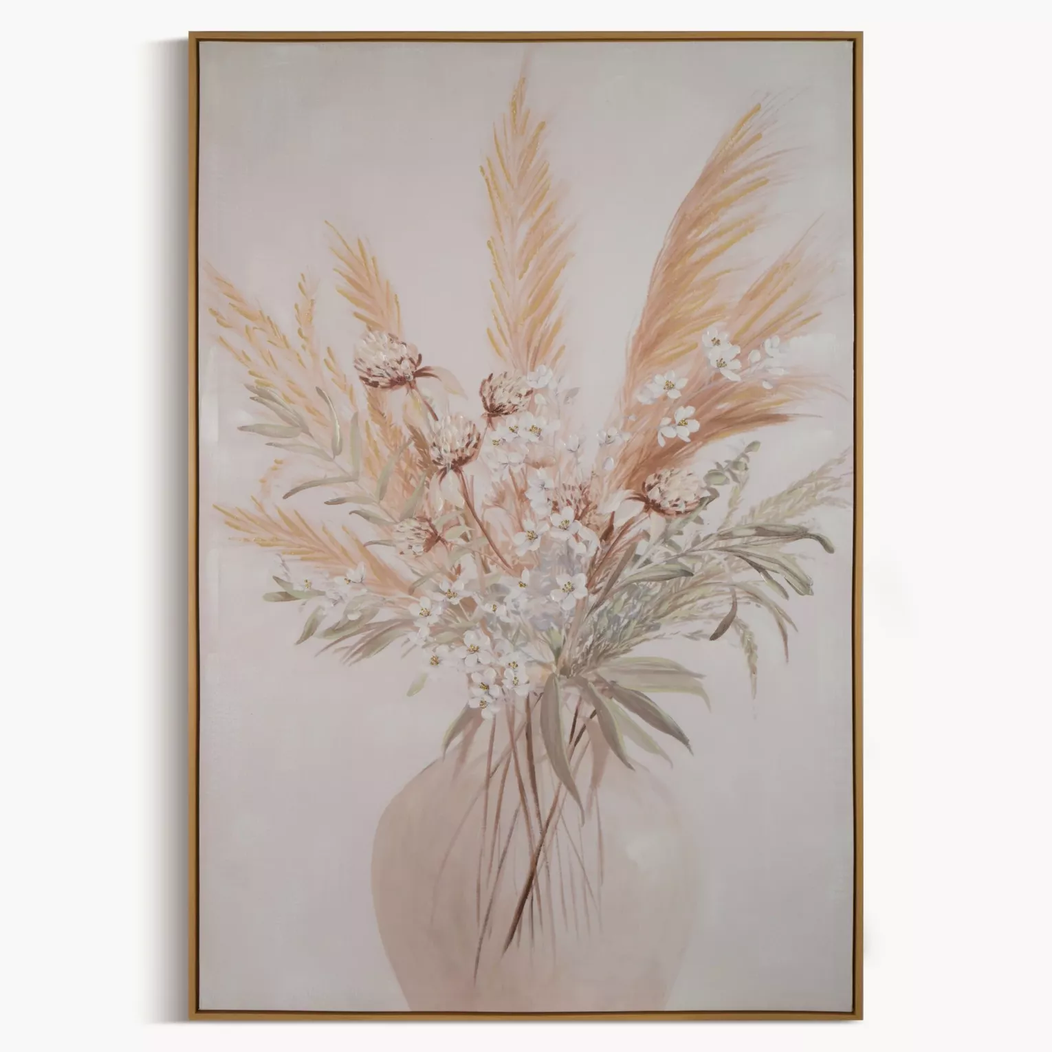 Obraz roślinny biało, naturalny ręcznie malowany na płótnie kolaż 80x120 cm KITTY