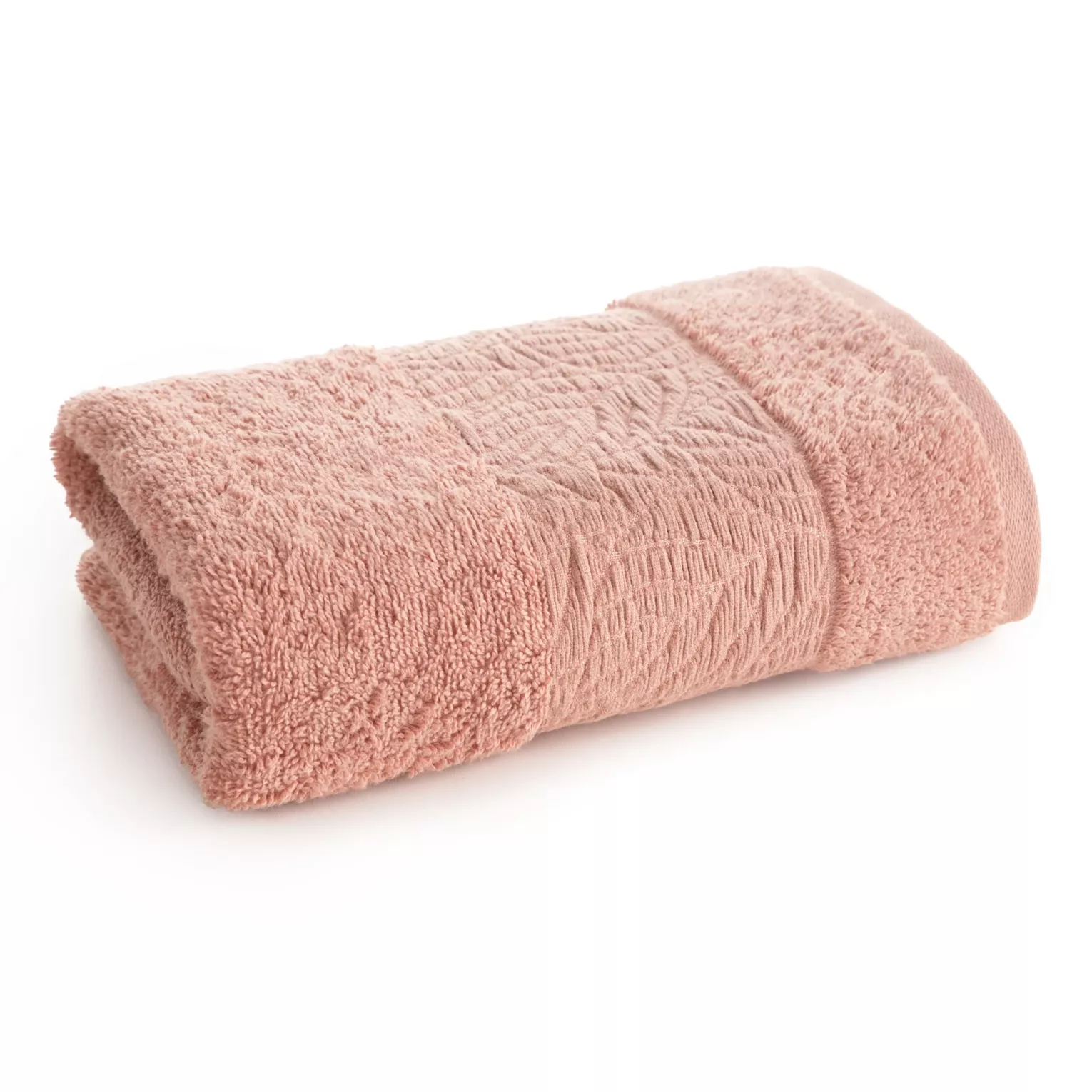 Ręcznik kąpielowy z bawełny 50x90 cm kolor pudrowy róż z wytłaczanym roślinnym motywem ALBA