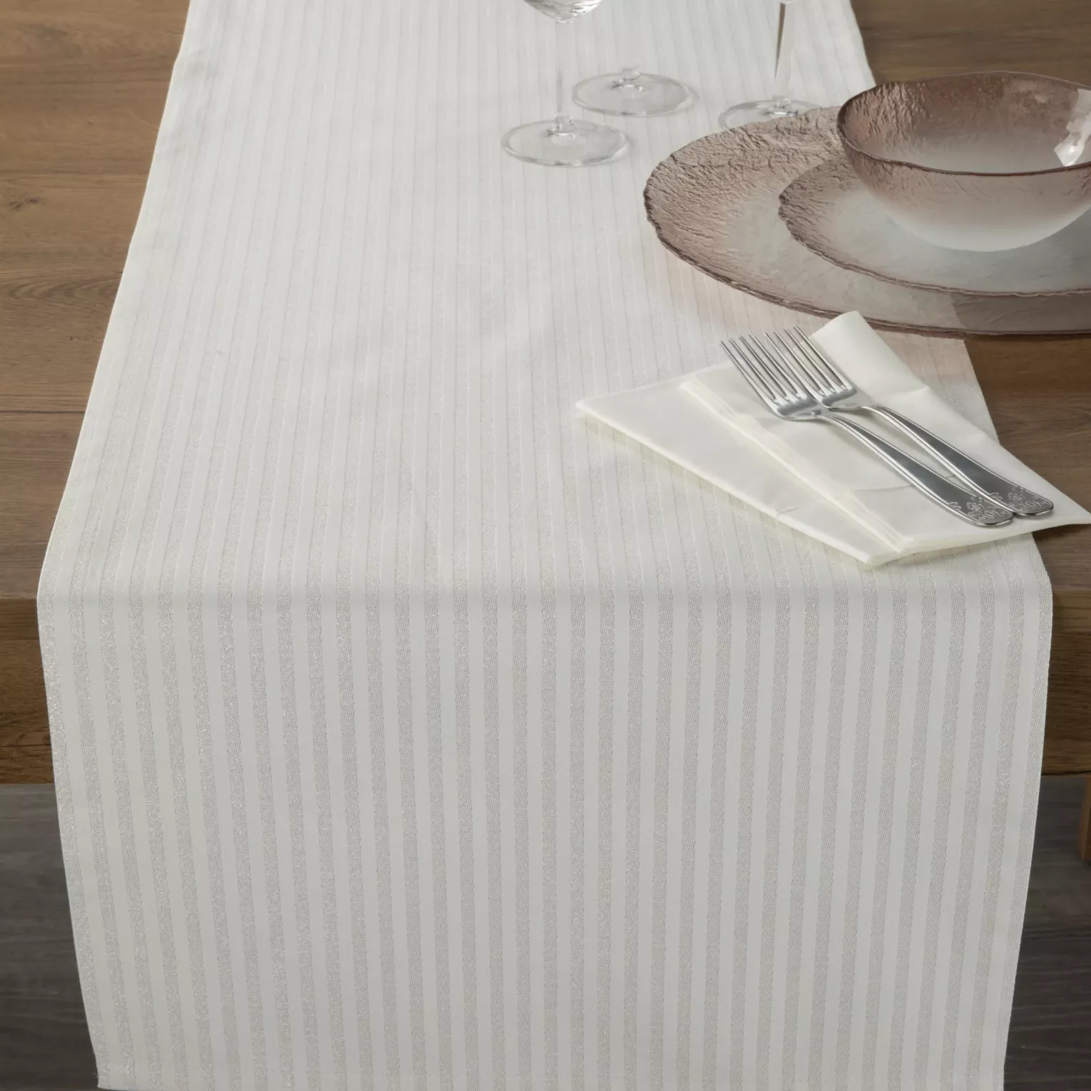 Bieżnik na stół naturalny 40x140 cm z żakardowej tkaniny FLASH świąteczny w prążki przetykany szampańską nicią