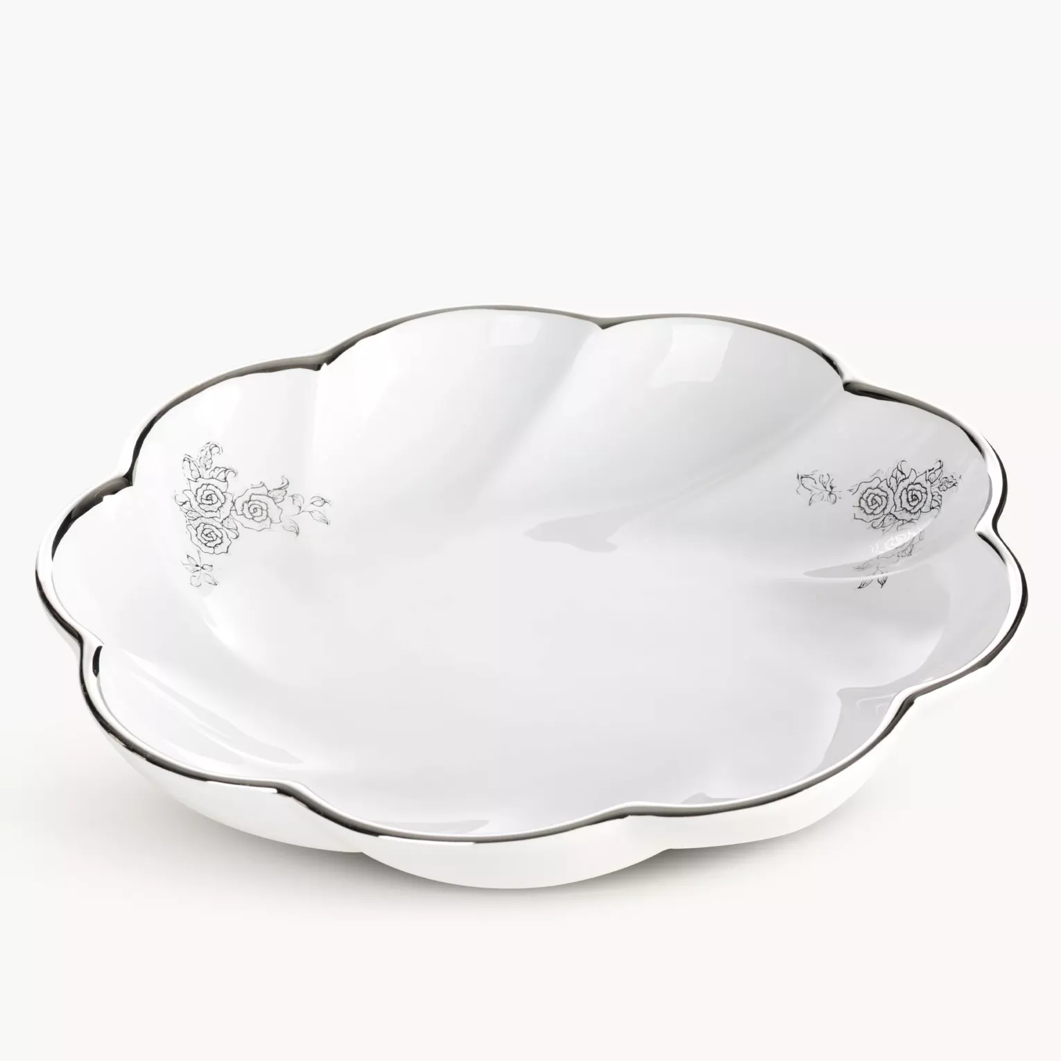 Patera dekoracyjna biało, srebrna  o falowanej formie 30x6 cm ELSA