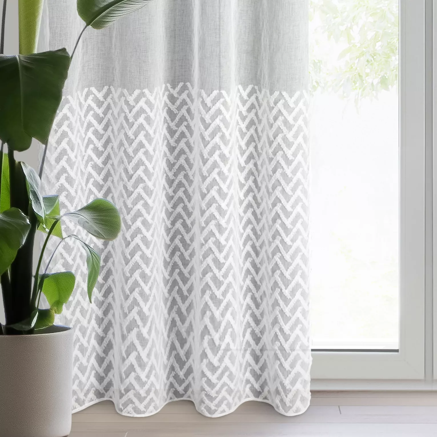 Firana biała z etaminy zdobiona pasem trójwymiarowego wzoru geometrycznego 140x250 cm przelotka MELI 2