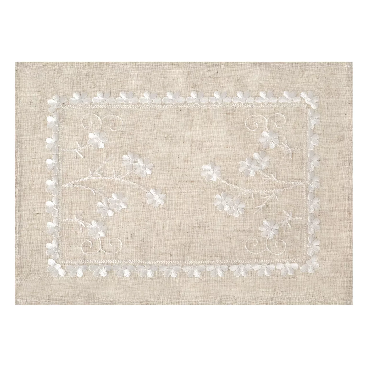 Komplet 4 szt serwetek na stół beżowo, biały  30x40 cm ADELINE z dodatkiem lnu zdobiony haftem