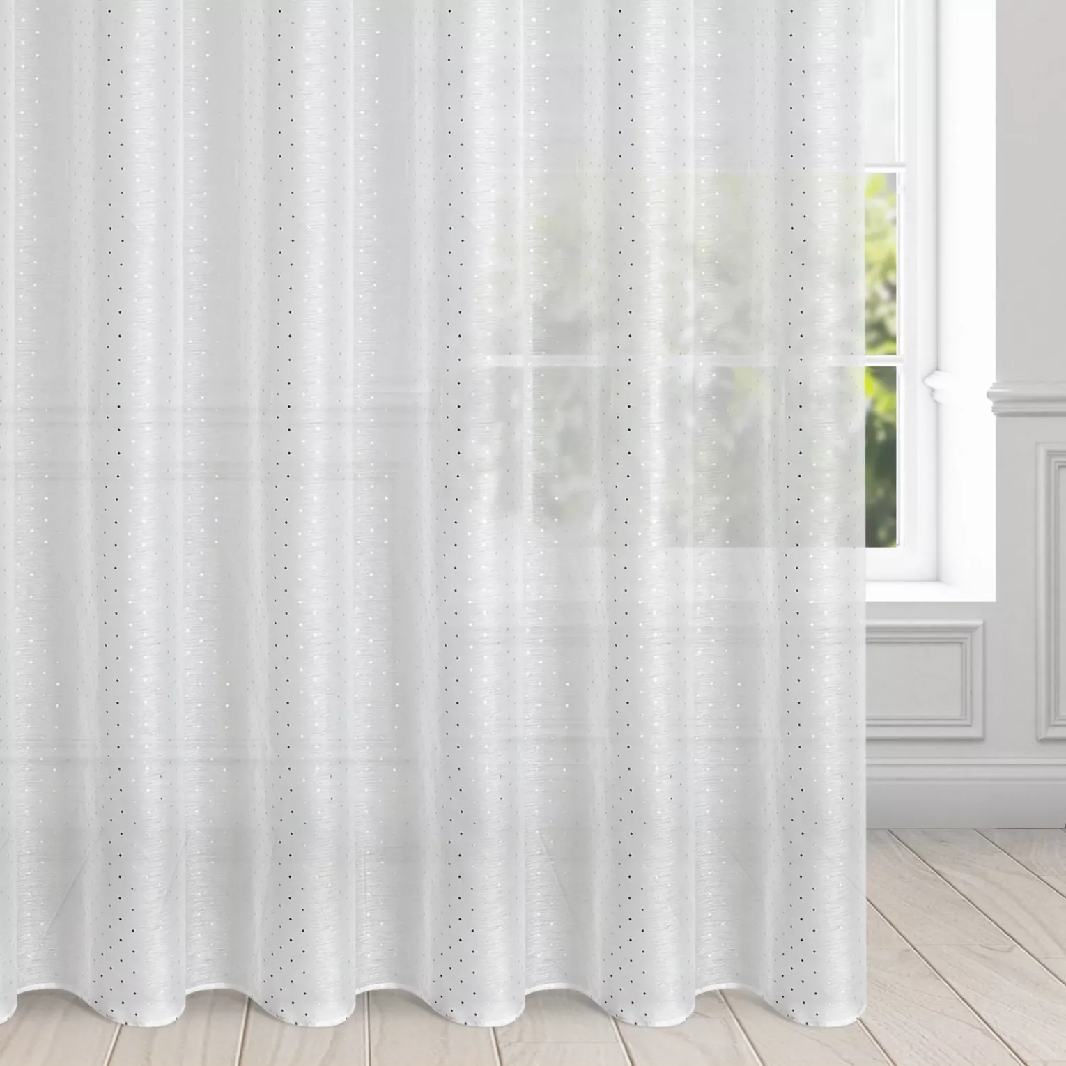 Firana biała z srebrnym nadrukiem drobnych kwadracików 400x250 cm taśma SIBEL