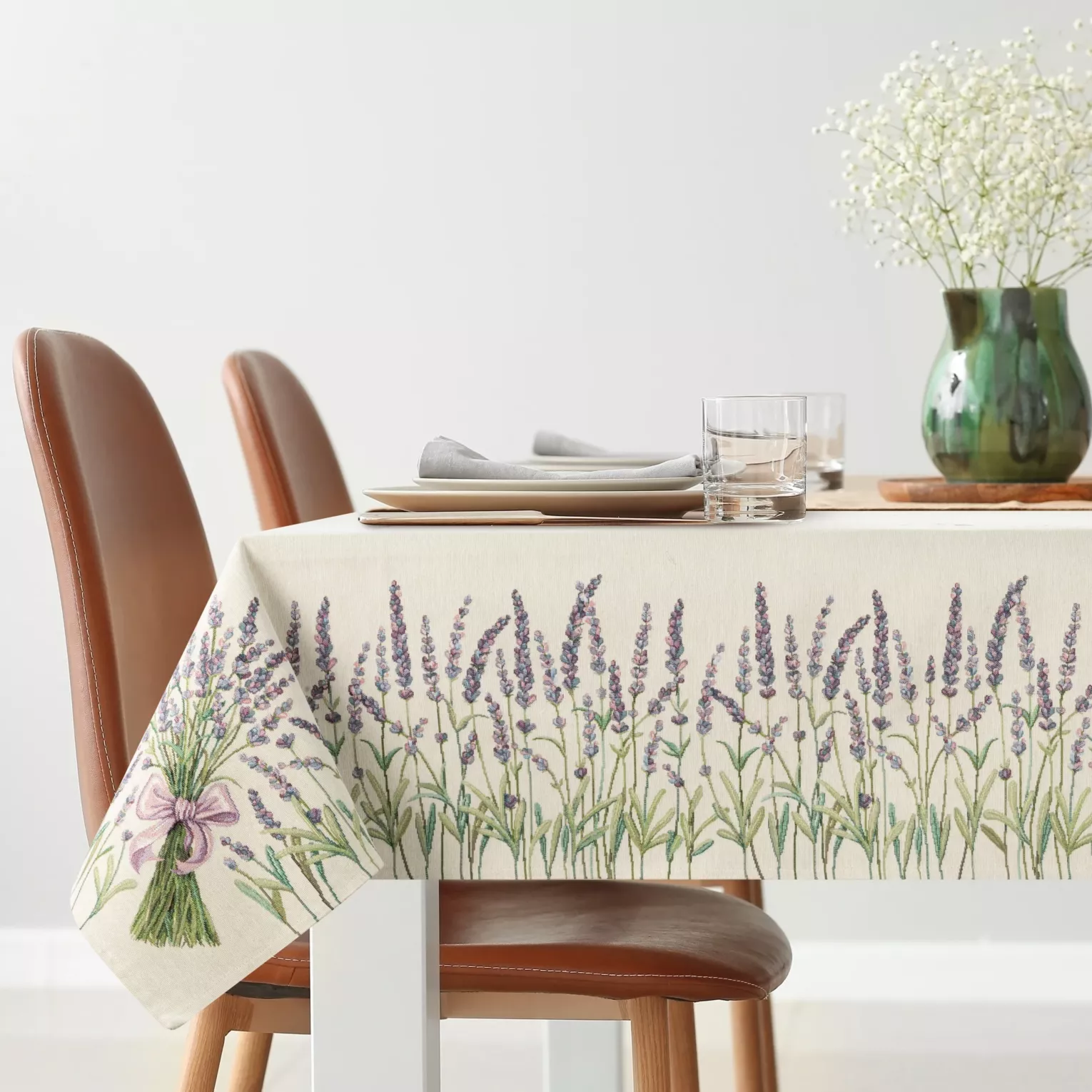 Obrus naturalno, zielony 140x180 cm gobelinowy z tkanym motywem lawendy