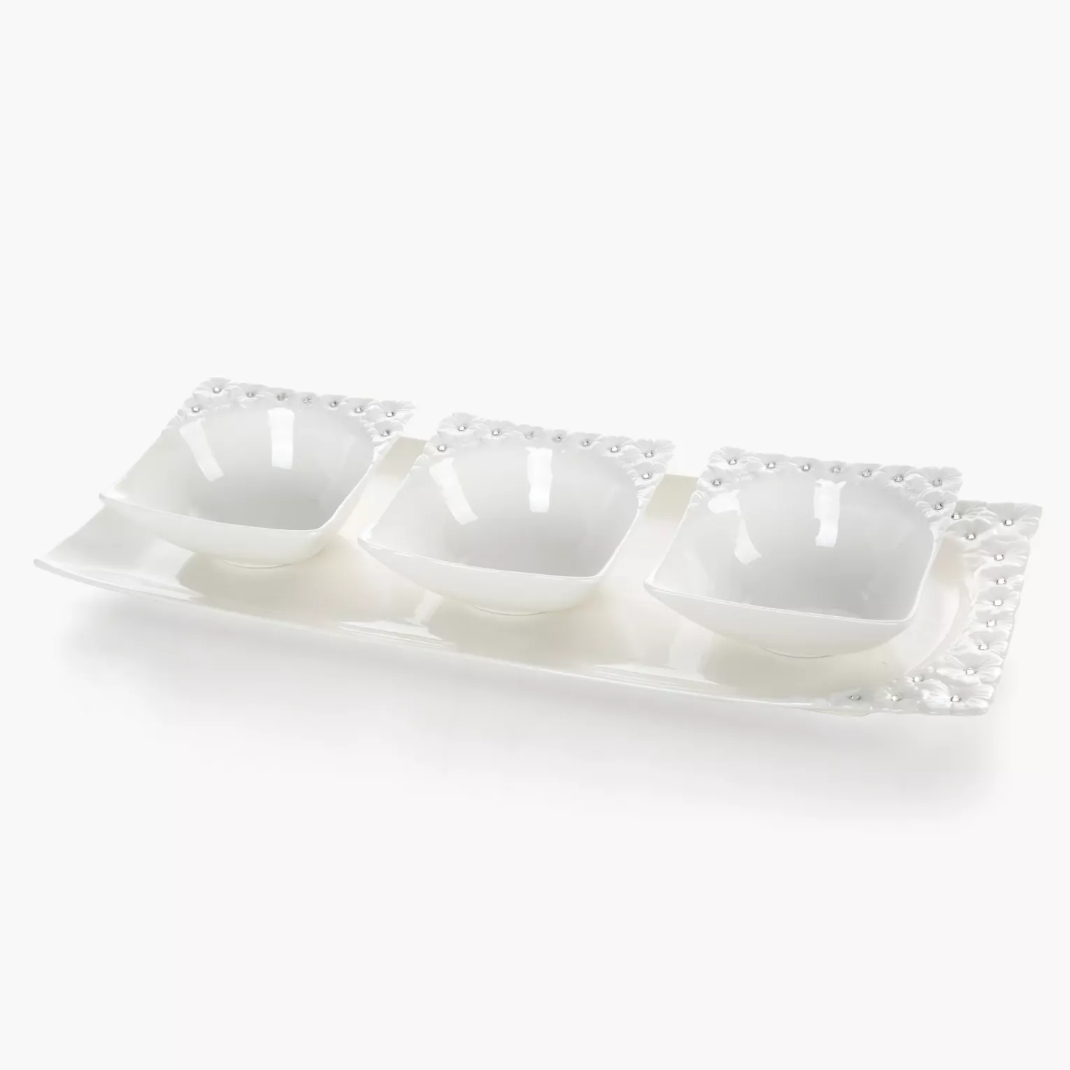 Komplet patera + 3 miseczki dekoracyjna biała zdobiona w drobne kwiaty z błyszczącym wykończeniem 40x16x5 cm ELISA