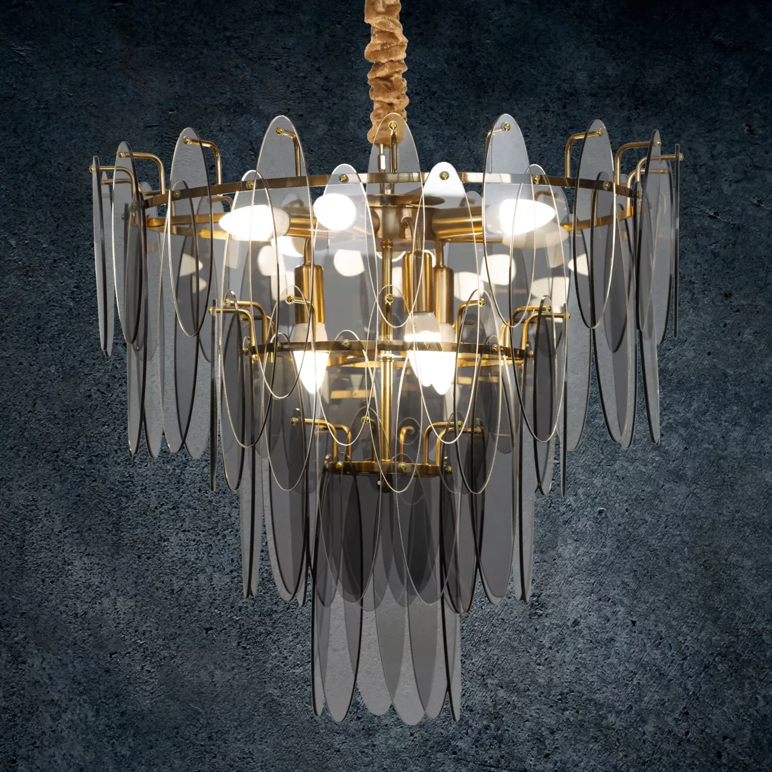 Lampa wisząca do salonu transparentno, złota ze szklanymi zawieszkami z dymionego szkła, z regulacją wysokości 60 x 150 cm MARLA