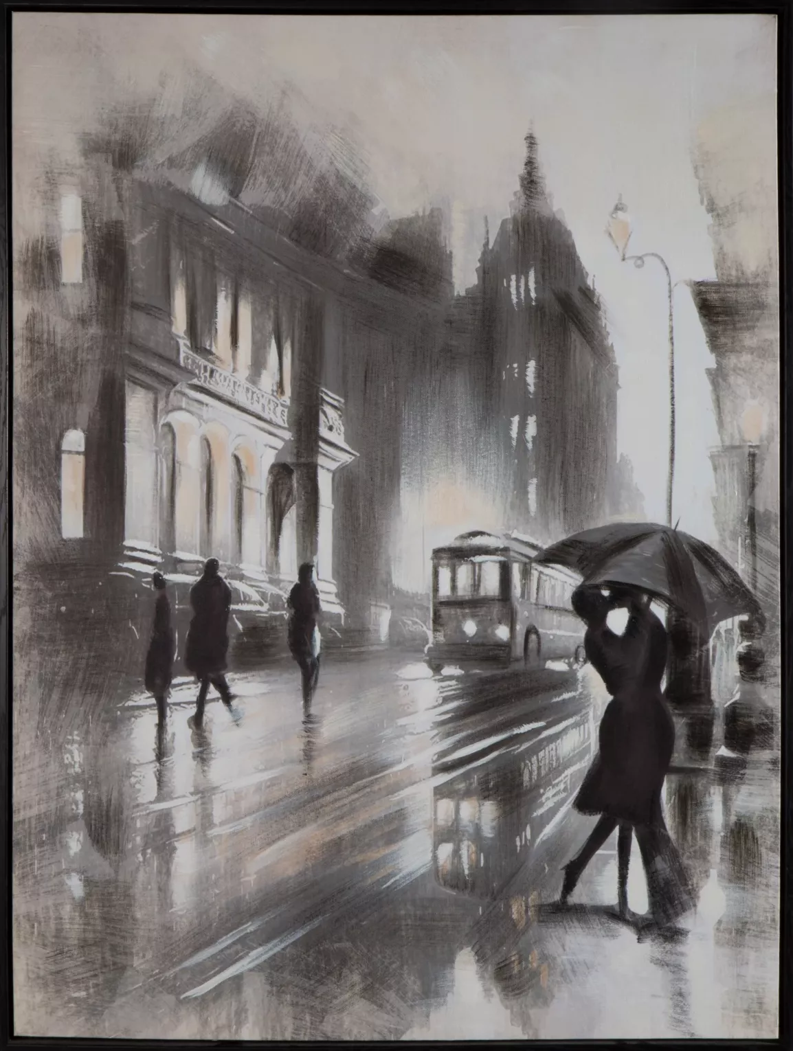 Obraz miasta biało, popielaty ręcznie malowany na płótnie oprawiony w ramę 60x80 cm UMBRELLA