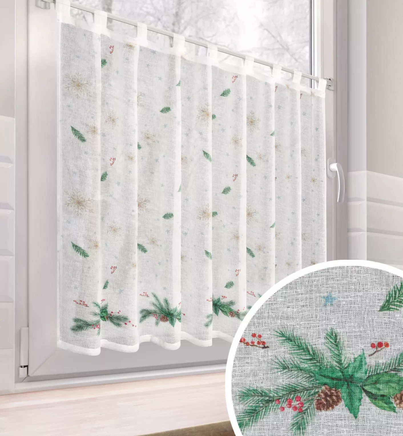 Zazdrostka biało, zielona z etaminy zdobiona świątecznym nadrukiem 150x90 cm szelki - XMAS 4