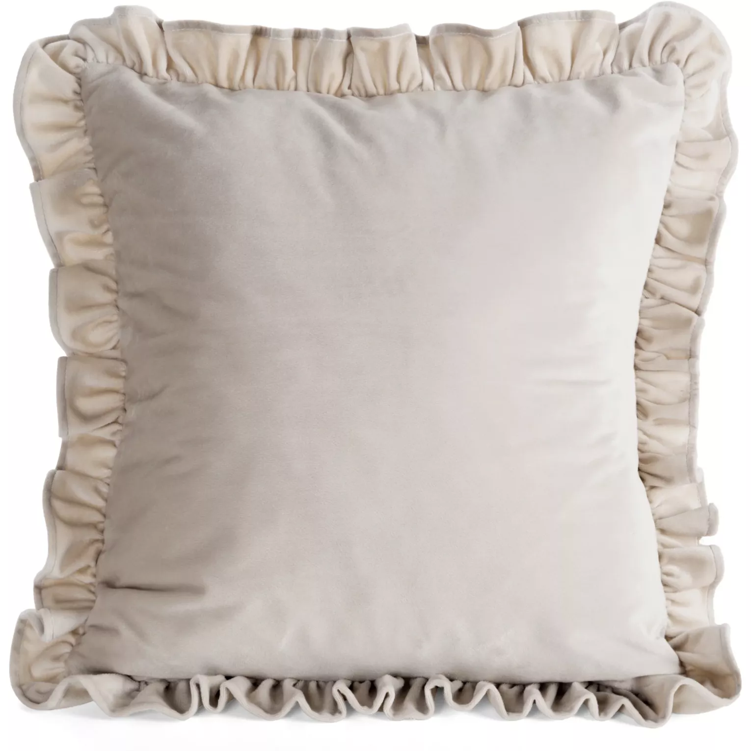 Poszewka na poduszkę 45x45 cm z aksamitnego welwetu beżowa zdobiona na brzegach falbanami BRENDA Eurofirany Premium