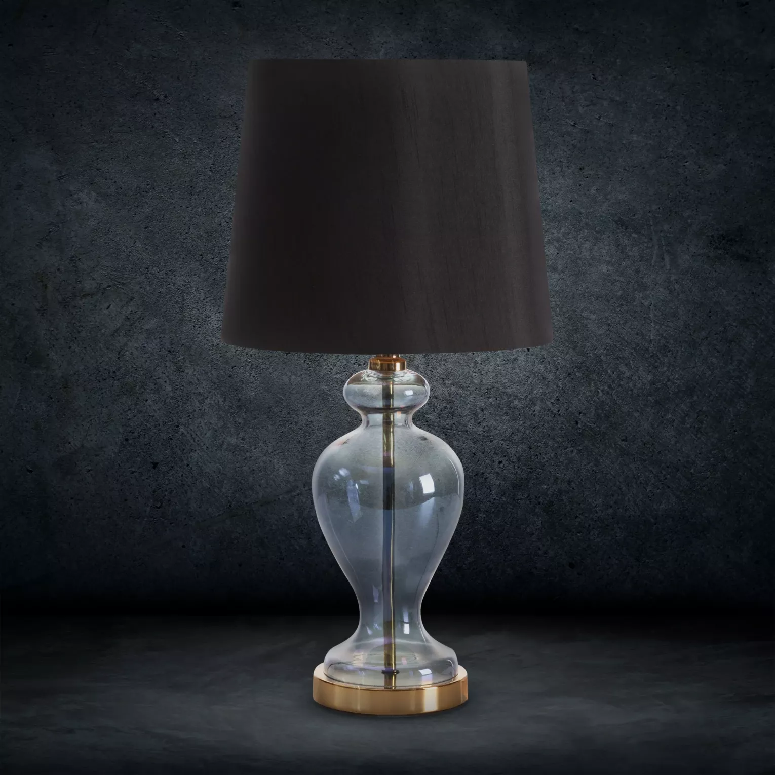 Lampa stołowa do pokoju czarno, złota na podstawie z przezroczystego szkła z abażurem z matowej tkaniny 27x61 cm EMILIO
