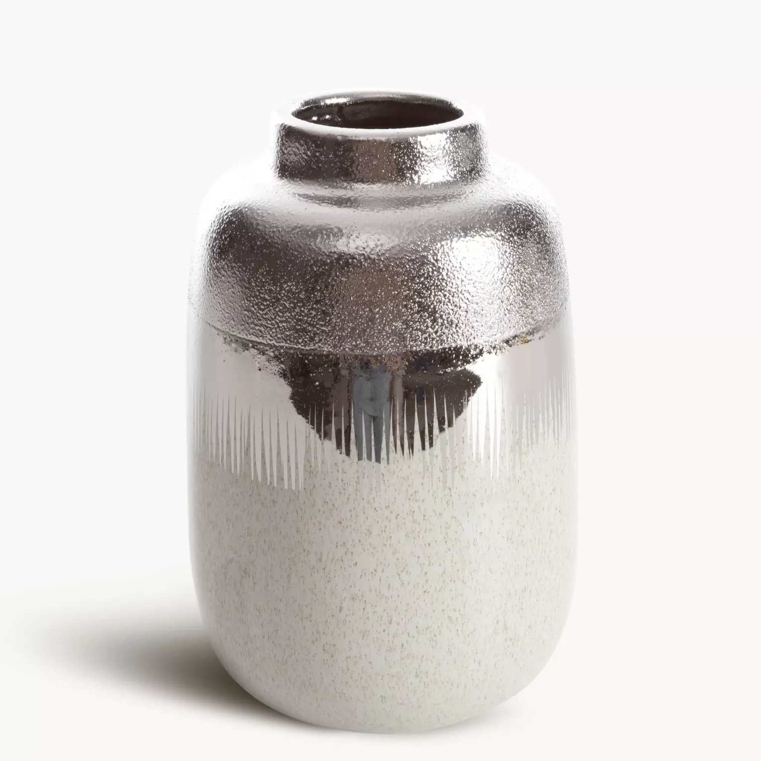 Wazon ceramiczny kremowo-srebrny łączący fakturę granitu z lśniącą powierzchnią 14x14x21 cm MAX 2