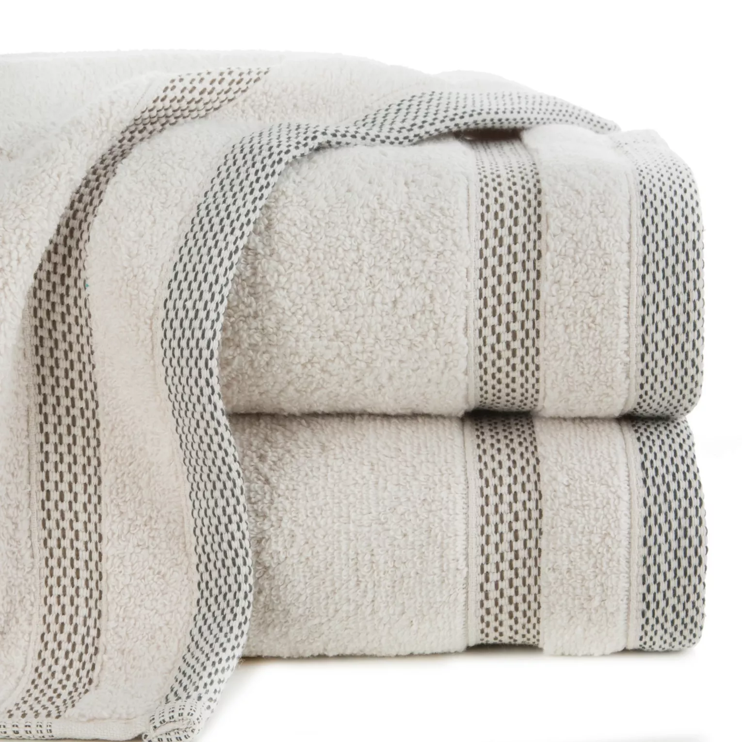 Ręcznik kąpielowy 50x90 cm bawełniany kolor beżowy zero twist z bordiurą w paski 400 g/m2 RIKI