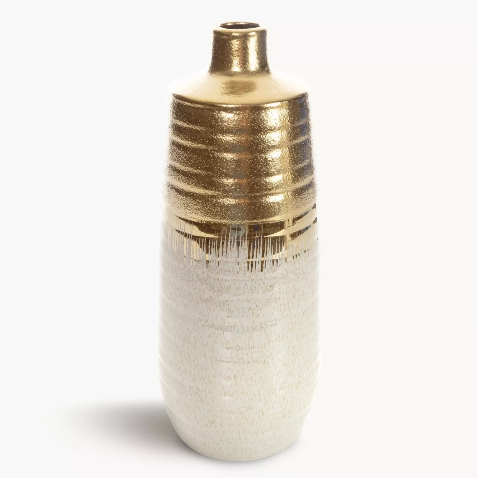 Wazon ceramiczny kremowo-złoty łączący fakturę granitu z lśniącą powierzchnią średnica 17x41 cm