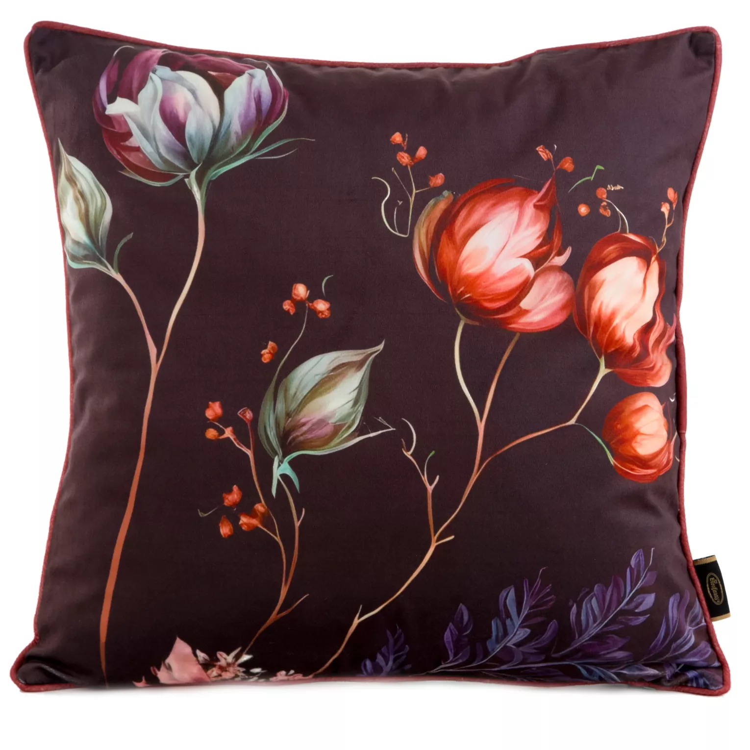 Poszewka na poduszkę 45x45 cm welwetowa, bordowo turkusowa, dwustronna z motywem kwiatów z wypustką VELVET 130 Eurofirany Premium