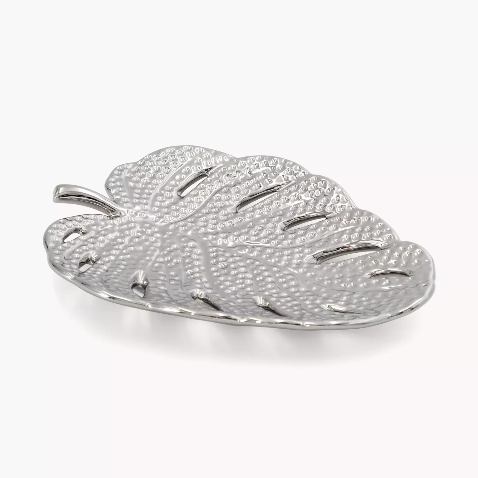 Patera dekoracyjna srebrna w kształcie liścia monstery 20x15x3 cm KARLO