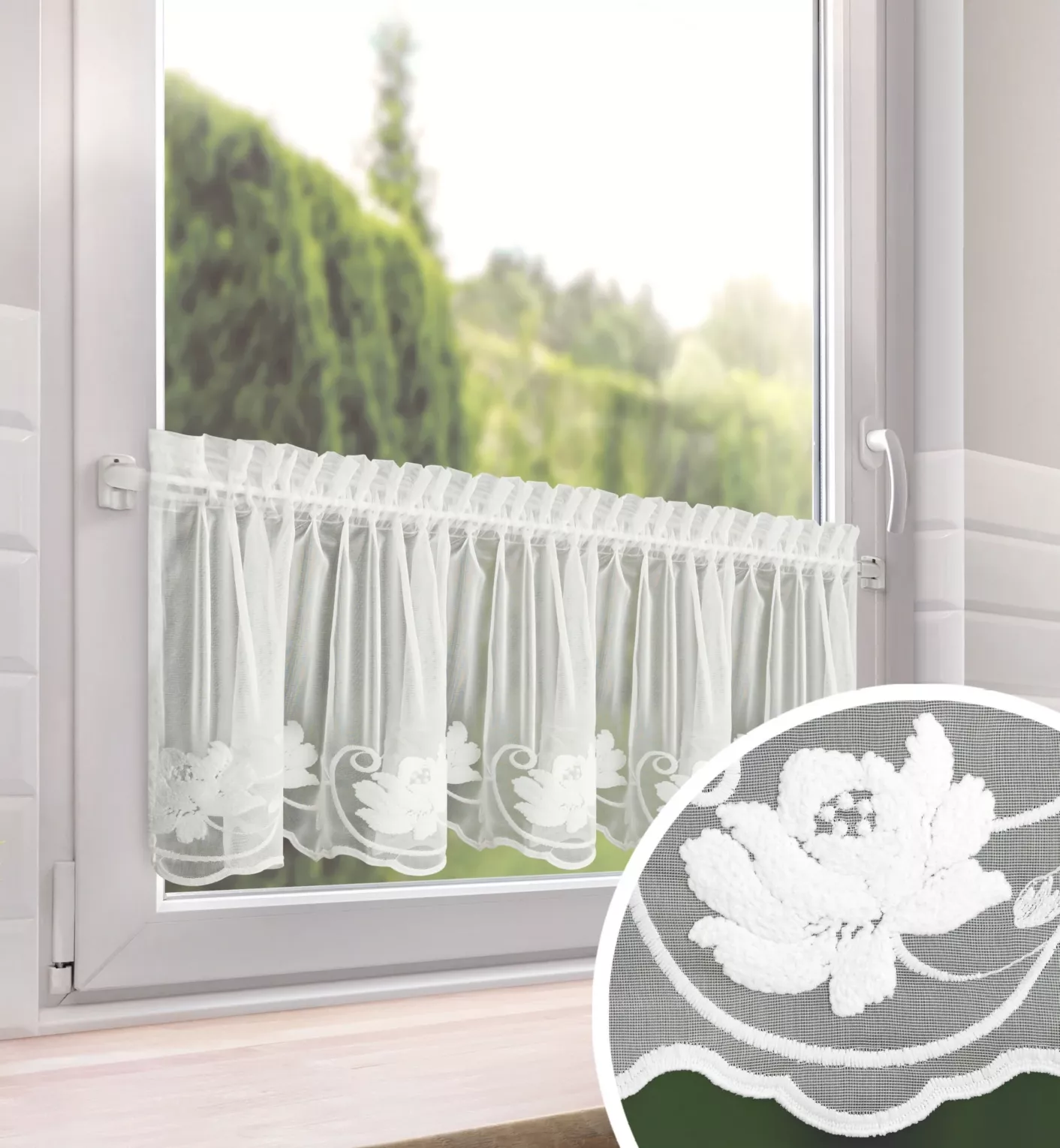 Zazdrostka biała z drobnej siateczki zdobiona subtelnym haftem 150x40 cm taśma - LETI
