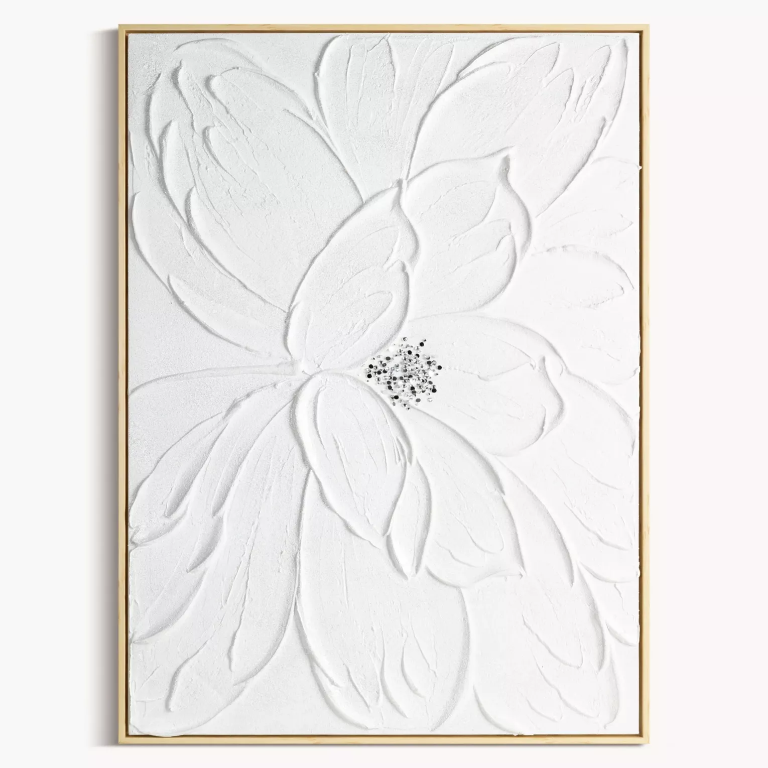 Obraz biały ręcznie malowany trójwymiarowy kwiat zdobiony kryształkami 60x90 cm
