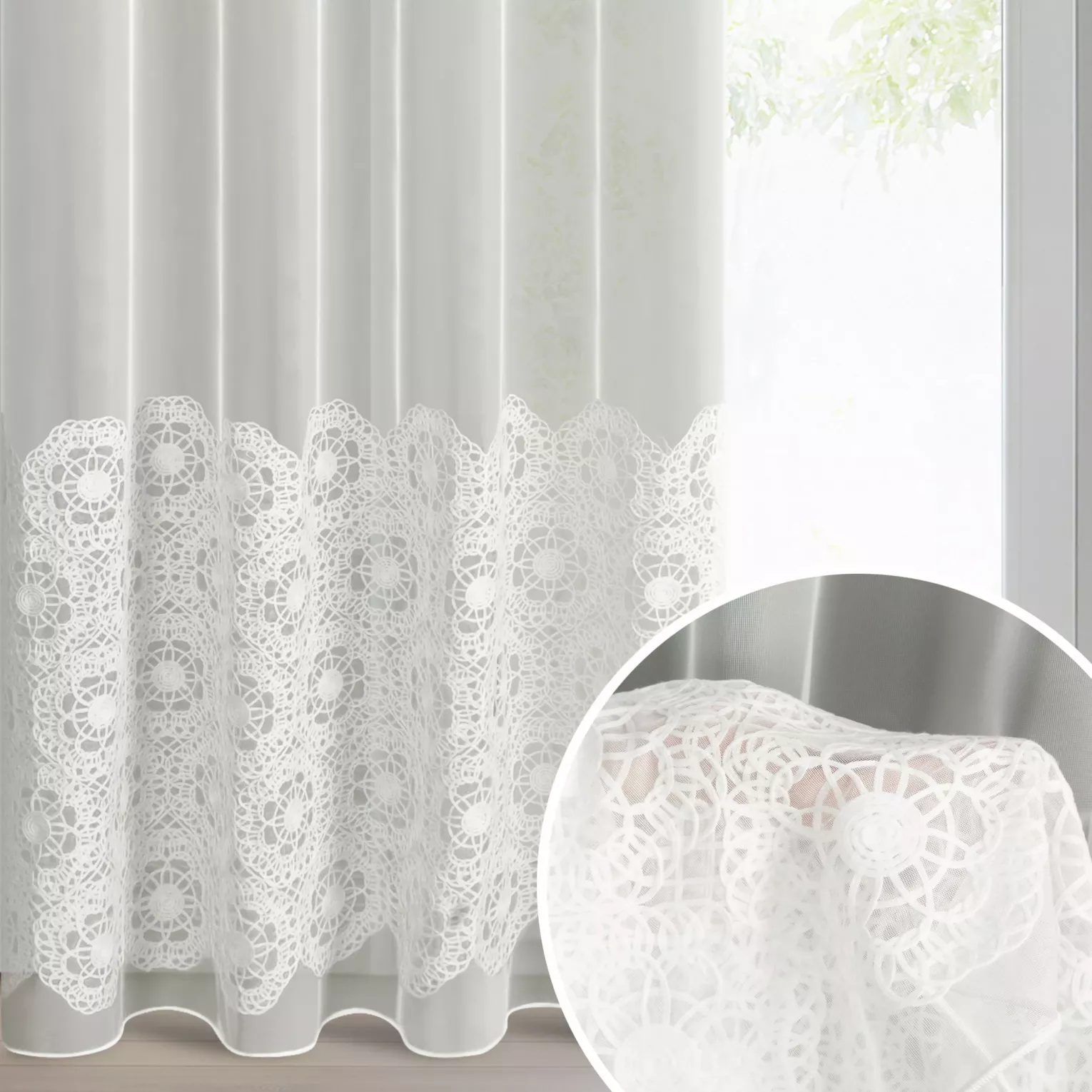 Firana kolor naturalny z tkaniny typu peru zdobiona aplikacją 140x250 cm przelotka - LIZA