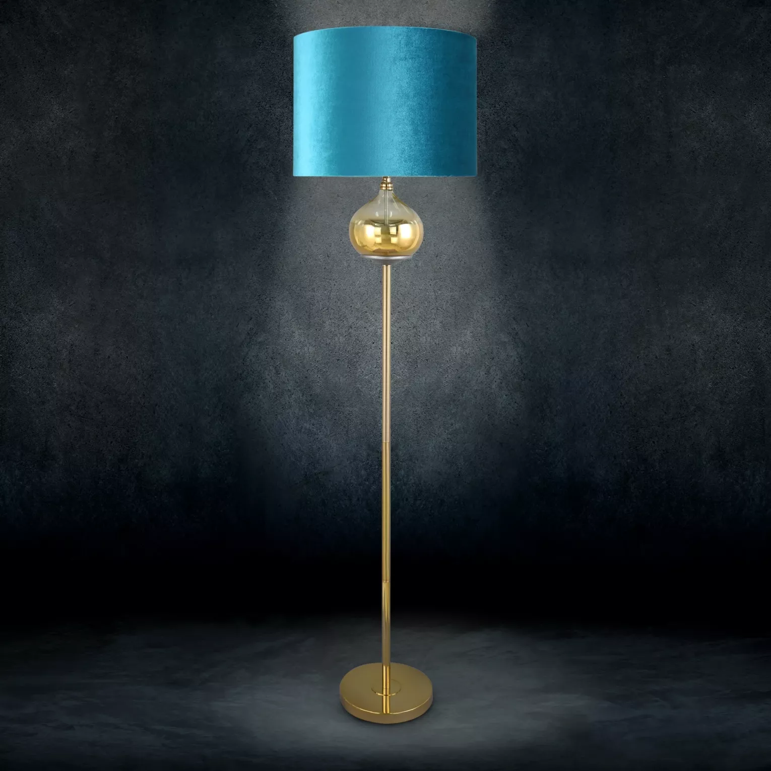 Lampa stojąca do pokoju turkusowo, złota  ze szklaną ozdobą z efektem ombre i welwetowym abażurem 43 x 157 cm LOTOS 9 LIMITED COLLECTION