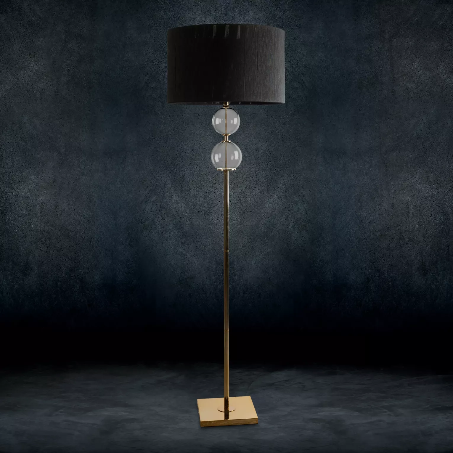 Lampa stojąca do pokoju czarno, złota na podstawie łączącej szkło metal i abażur z matowej nici 50 x 167 cm ARIANA