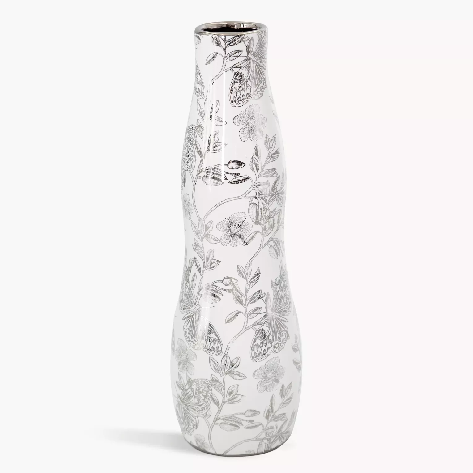 Wazon dekoracyjny biało, srebrny zdobiony roślinnym wzorem 11x35 cm RITA